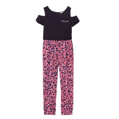 Girls' navy and pink animal print cold shoulder jumpsuit